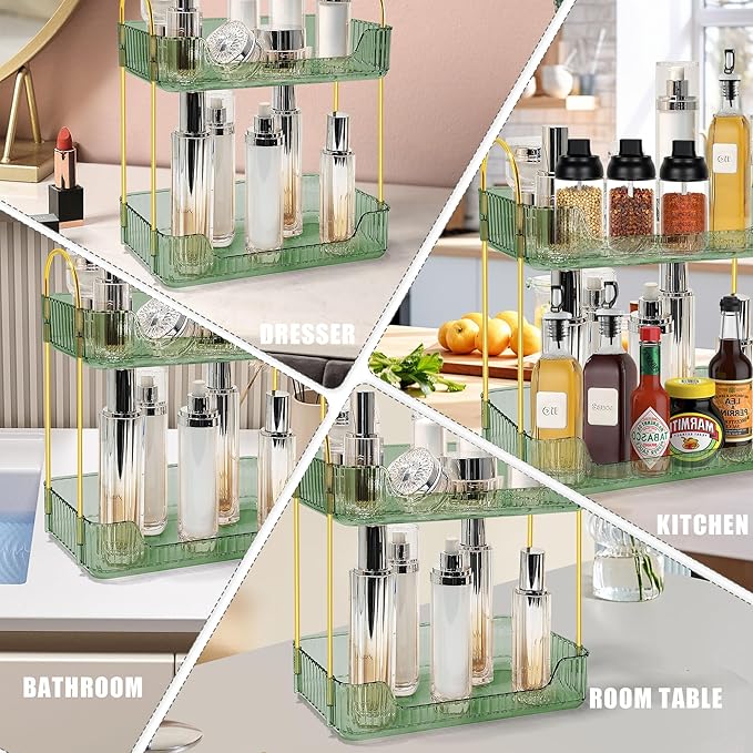 Bathroom Counter Organizer Countertop Storage Skincare Countertop Makeup Organizer Cosmetics Skincare Organizers Holder for Perfume-Green-Golden Pole