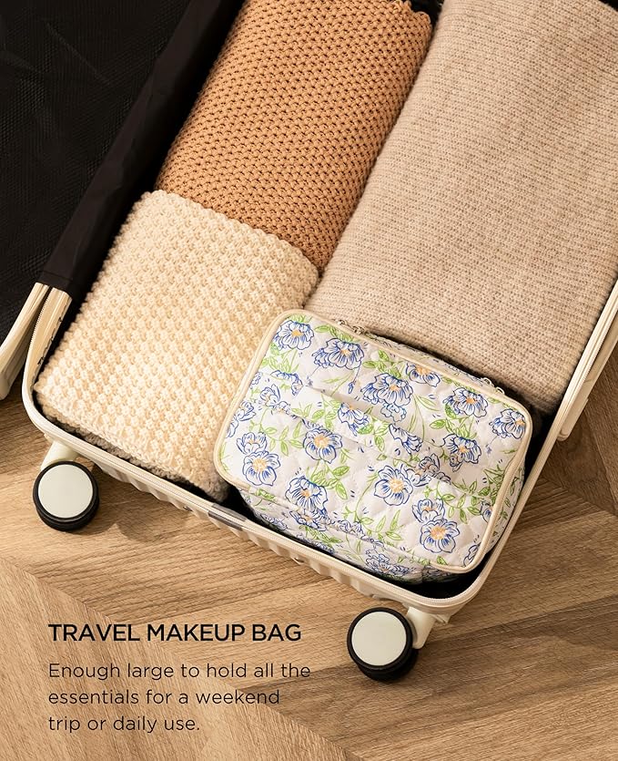 HBselect 2Pcs Travel Makeup Bag, Large Cotton Quilted Makeup Bag Cosmetic Bag Cute Make up Bag Toiletry Bags for Women Girls