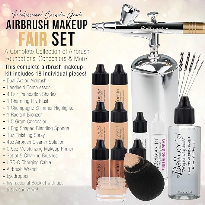 Belloccio Complete Cordless Handheld Airbrush Cosmetic Makeup System with 4 Fair Foundation Shades, Professional 18-Piece Kit, Moisturizing Primer, Blush, Bronzer, Highlighter, Concealer, User Guide
