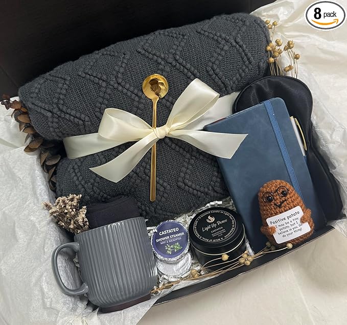 Birthday Gift Basket for Men & Women, Cancer Care Gift Box,Thank You Gifts Set,Sympathy Gift/Comfort Gift for Birthday, Surgery Recovery, Encouragement, Get Well Soon (Grey & Navy Blue)