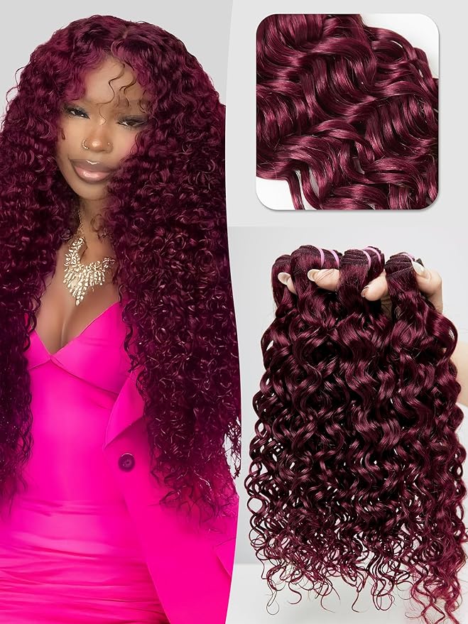 Human Hair Bundles 4 Bundles Hair Extensions 14 16 18 20 Inch Dark Burgundy Water Wave 100% Unprocessed Curly Brazilian Virgin Hair Wet and Wavy Human Hair A99J