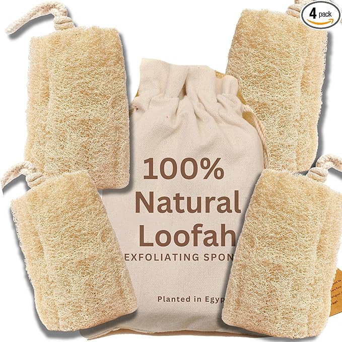 All Natural Loofah Sponge, Pack of 4 Real Egyptian Bath & Shower Exfoliating Loofa Scrubber Sponges for Face, Back & Body, Eco Friendly, No Toxic Chemicals, 6" x 6" by Crafts of Egypt