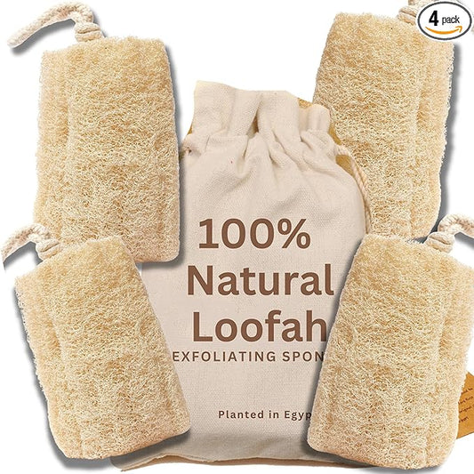 All Natural Loofah Sponge, Pack of 4 Real Egyptian Bath & Shower Exfoliating Loofa Scrubber Sponges for Face, Back & Body, Eco Friendly, No Toxic Chemicals, 6" x 6" by Crafts of Egypt