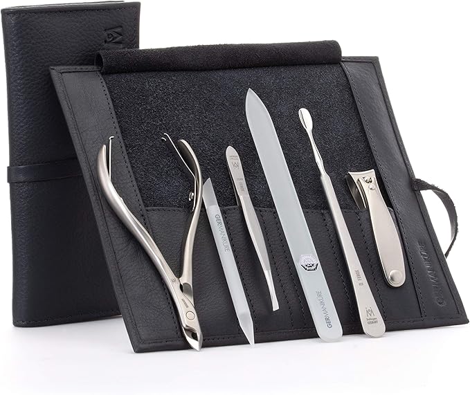 GERMANIKURE 6pc Manicure Set in Black Leather Case - FINOX Stainless Steel Tools Made in Germany, Glass Nail Care Supplies Made in Czech Republic – Professional Cuticle and Nail Care Kit
