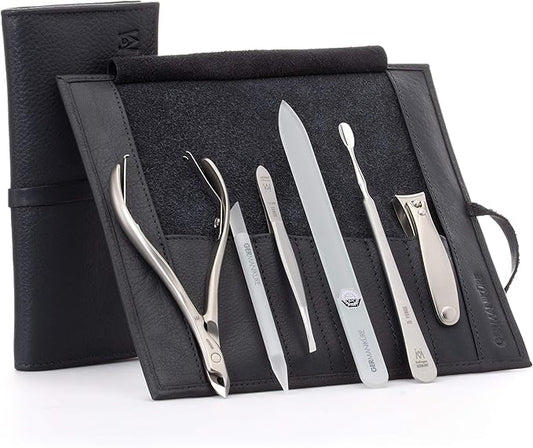 GERMANIKURE 6pc Manicure Set in Black Leather Case - FINOX Stainless Steel Tools Made in Germany, Glass Nail Care Supplies Made in Czech Republic – Professional Cuticle and Nail Care Kit