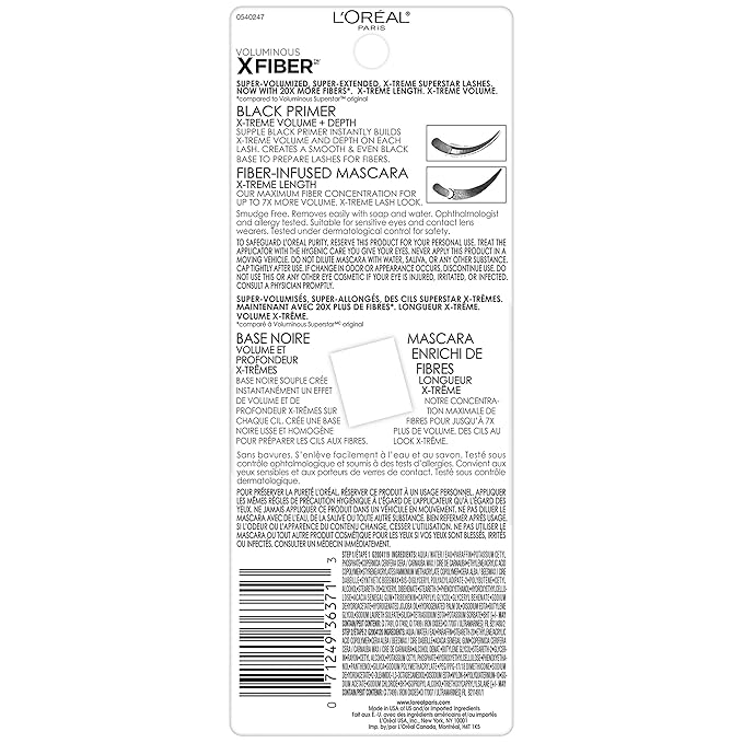 L'Oreal Paris Voluminous X Fiber Washable Mascara, Blackest Black, 1 Tube