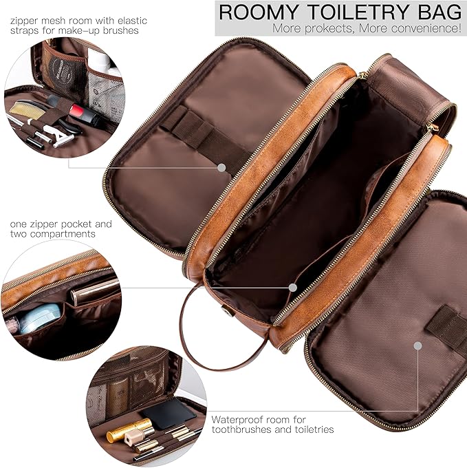 Elviros Toiletry Bag for Men, Large Travel Shaving Dopp Kit Water-resistant Bathroom Toiletries Organizer PU Leather Cosmetic Bags (Medium, Brown)
