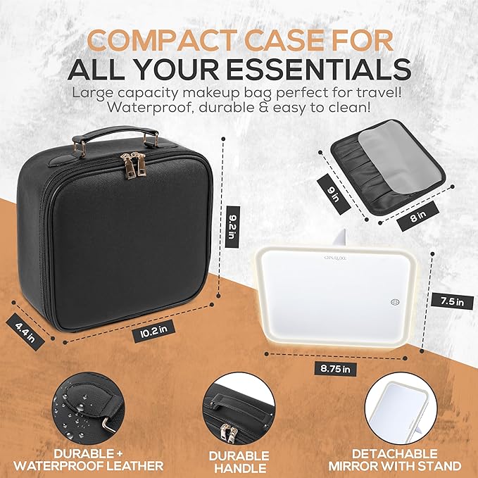 Makeup Bag Detachable LED Mirror With Stand 3 Adjustable Brightness 5x Zoom LED Travel Mirror Portable Cosmetics Case Brush Holder Organizer Adjustable Dividers Faux Leather Waterproof Gift