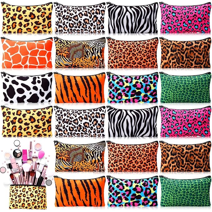 24 Pieces Makeup Bags Bulk Canvas Cosmetic Bags Purse Organizer Zipper Cosmetic Pouch Portable Travel Toiletry Pouch for Women Men Gifts, 7 x 4 Inch (Leopard Print)
