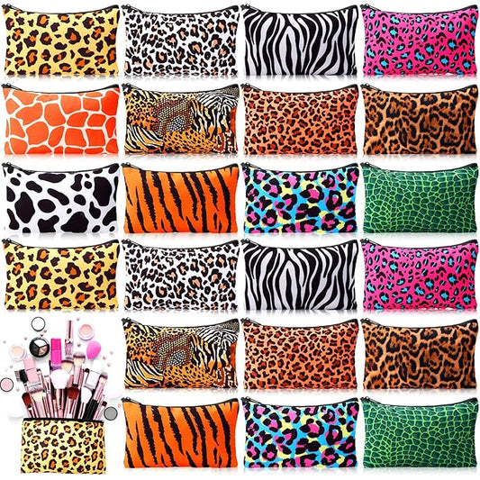 24 Pieces Makeup Bags Bulk Canvas Cosmetic Bags Purse Organizer Zipper Cosmetic Pouch Portable Travel Toiletry Pouch for Women Men Gifts, 7 x 4 Inch (Leopard Print)
