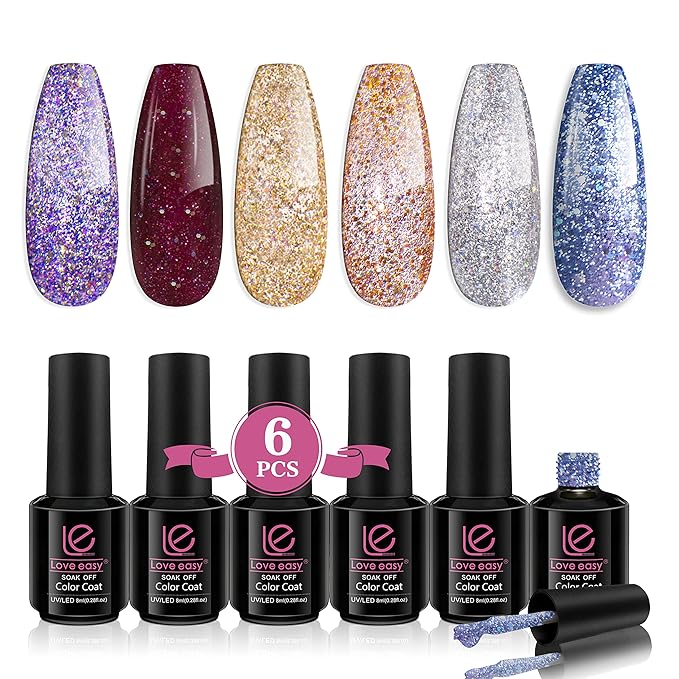Gel Nail Polish Kit, 6x8 ml Glitter - Thumping Heart, Sparkly Shiny Nail Polish Set, Long Lasting, Shimmery Finish, Christmas Gift