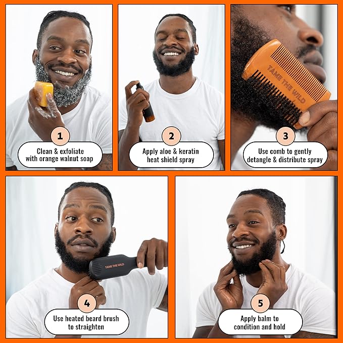 Tame The Wild Pro Beard Grooming Kit for Men - Heated Straightener with 12 Temp Settings, Heat Protector Spray, Soap, Balm, Comb & Travel Case - Gift Set