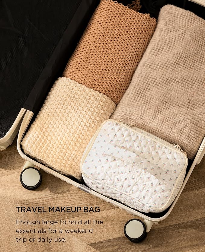 HBselect 2Pcs Travel Makeup Bag, Large Cotton Quilted Makeup Bag Cosmetic Bag Cute Make up Bag Toiletry Bags for Women Girls