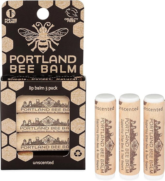 Portland Bee Balm All Natural Handmade Beeswax Based Lip Balm, Unscented 3 Count