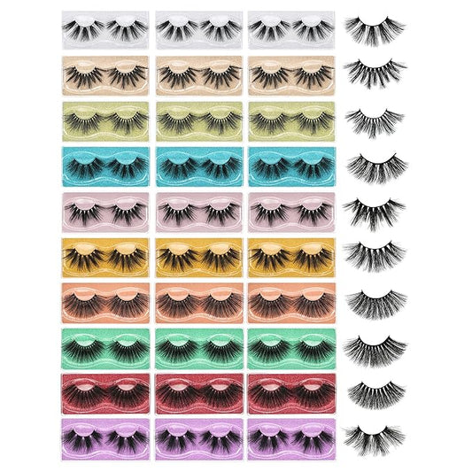 FARRED Wholesale 25mm Faux Mink Lashes, 30 Pairs 10 Styles, Bulk Long Dramatic 6D Fake Eyelashes Strip Volume Lashes, Synthetic False Eyelashes