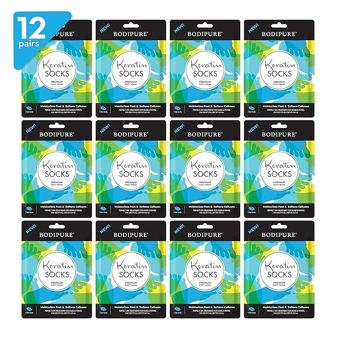 Bodipure Premium Foot Mask Keratin Socks | at Home Spa Moisturizer Socks for Dry Cracked Feet, Callus & Heel Softening | Easy-to-Use Pedicure Foot Repair | Chemical-Free Feet Treatment | 12 Pairs