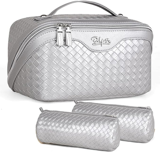 BOYATU Travel Makeup Bags for Women: Large Capacity Cosmetic Bag with Comapartments - Vegan Leather Make up Bag Set of 3 - Protable Makeup Organizer with Handle & Divider (L21 Silver)