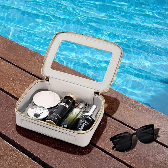 Aveniee Clear Makeup Bag for Women, Clear Cosmetic Case Travel Toiletry Bag, Heavy Duty Makeup Organizer Car Bag for Accessories with Clear Windows & Gold Zippers(Grey,Middle)