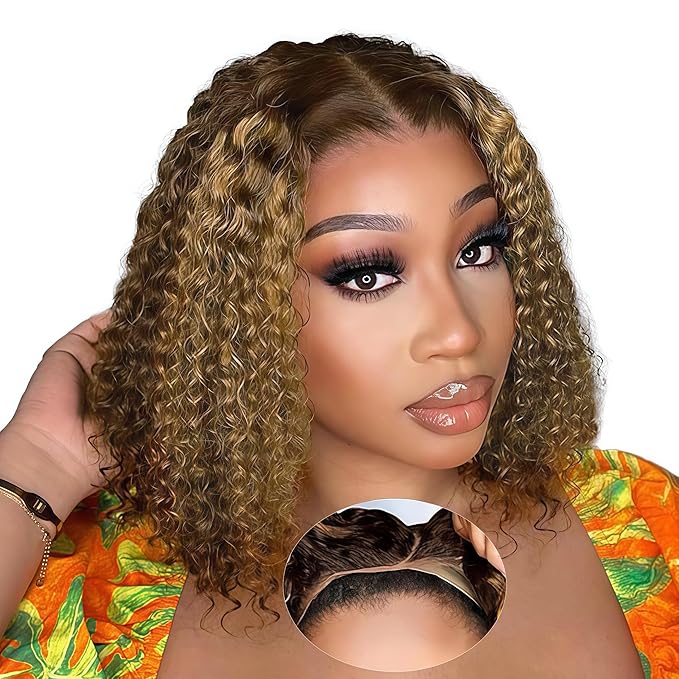 5×5 Kinkycurly Highlight Ombre and Brown Bob Wig Human Hair Glueless Wigs Human Hair Pre Plucked Pre Cut Short Curly Free Part Honey Blonde Hd Lace Closure Wigs Human hair for Black Women 12 Inch
