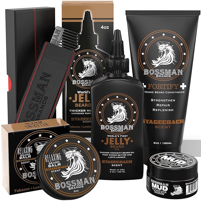 Bossman Complete Beard Kit – Men's Beard Oil Jelly, Fortifying Shower Conditioner, Balm, Mustache Wax & Comb – Beard Softener & Grooming Care (Stagecoach Scent)