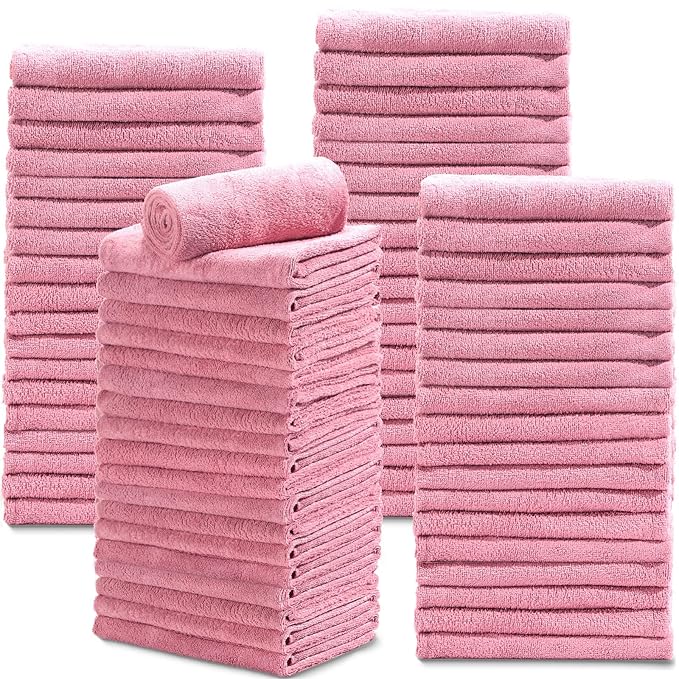 Newwiee 72 Pack Microfiber Bleach Proof Towels Bulk for Salon 18 x 30 Inch Dry Lint Free Hair Drying Hand Towels for Hair, Gym, Bath, Spa, Shaving, Barber(Pink)
