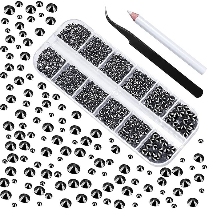 2400 Pcs Nail Gems black Rhinestones Flatback Rhinestones Diamonds Round Crystal nail jewels 6 Sizes (1.9-4.5 mm) Wax Pencil Tweezers for Nail Art Makeup Shoes Bags Crafts DIY (Black) HUETFAT