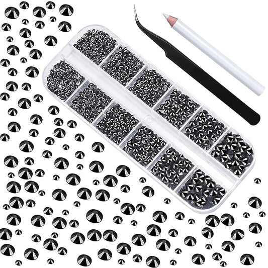 2400 Pcs Nail Gems black Rhinestones Flatback Rhinestones Diamonds Round Crystal nail jewels 6 Sizes (1.9-4.5 mm) Wax Pencil Tweezers for Nail Art Makeup Shoes Bags Crafts DIY (Black) HUETFAT