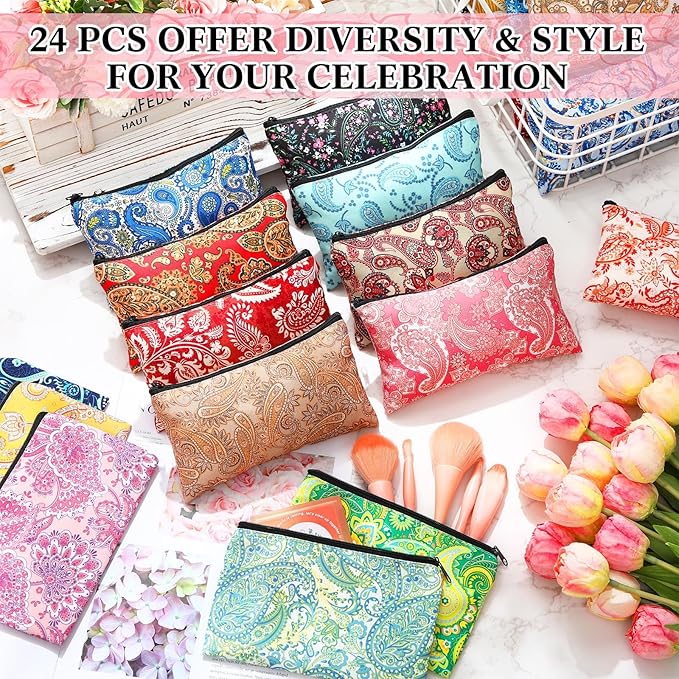 24 Pieces Makeup Bags Bulk Canvas Cosmetic Bags Purse Organizer Zipper Cosmetic Pouch Portable Travel Toiletry Pouch for Women Men Gifts, 7 x 4 Inch (Paisley)