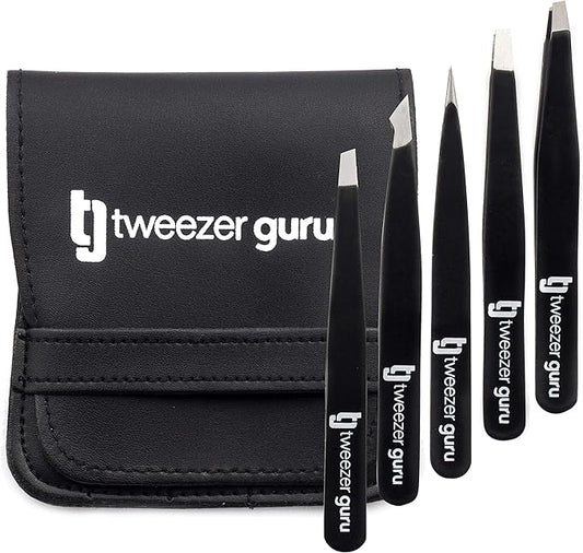 Tweezers Set 5-piece - Tweezer Guru Stainless Steel Slant Tip and Pointed Eyebrow Tweezer Set - Great Precision for Facial Hair, Ingrown Hair, Splinter and Blackhead Remover (Black) (5-Pack)