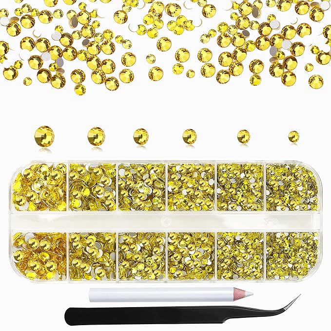 2400Pcs Lemon Yellow Flatback Rhinestones for Crafts,Nail Gems Glass Flatback Rhinestones Gemstones Glass Diamonds Stones Bling Rhinestone with Tweezers and Picking Pen