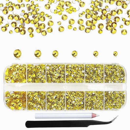 2400Pcs Lemon Yellow Flatback Rhinestones for Crafts,Nail Gems Glass Flatback Rhinestones Gemstones Glass Diamonds Stones Bling Rhinestone with Tweezers and Picking Pen