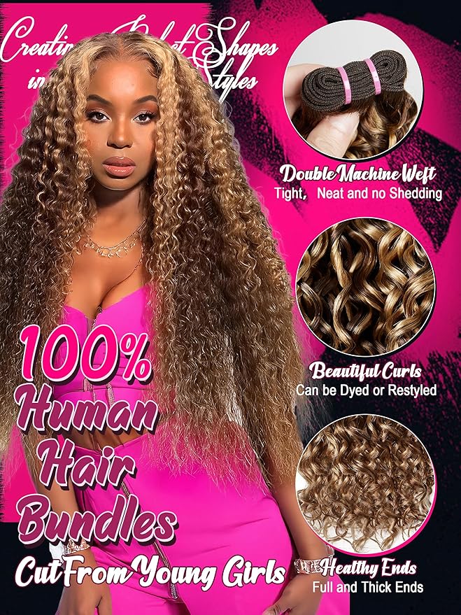 Human Hair Bundles 4 Bundles Hair Extensions 14 16 18 20 Inch Water Wave 100% Unprocessed Curly Brazilian Virgin Hair Wet and Wavy Human Hair Brown Highlight P4/27