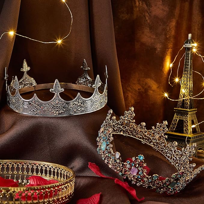 Sureio 2 Pcs Antique Royal King Crown for Men Baroque Queen Crown for 2025 Graduation Prom Party Crystal Tiara Prom Cosplay Birthday Wedding Hair Headband Accessories(Noble Style)