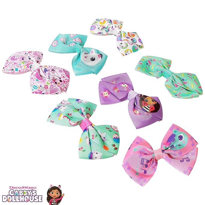 Gabby's Dollhouse Hair Bows - Hair Accessories Gift Set - Princess Hair Bows 7 Pcs 4 Inch Bundle Hair Bows for Girls Different Character on each Hair Clip Kids Bow - Alligator Clip - Ages 3 +