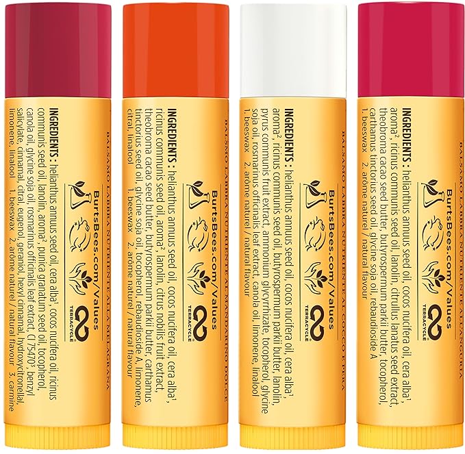 Burt's Bees Lip Balm - Just Picked Gifts Set with Pomegranate, Watermelon, Sweet Mandarin, Coconut and Pear Natural Lip Treatment Tubes, 4, 0.15 oz.