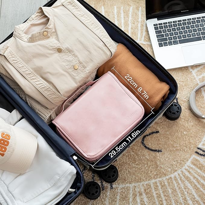 Elviros Hanging Travel Toiletry Bag for Women, 3-in-1 Large Makeup Bag and Cosmetic Organizer, Vegan Leather Waterproof Skincare Case for Travel Size Toiletries and Accessories