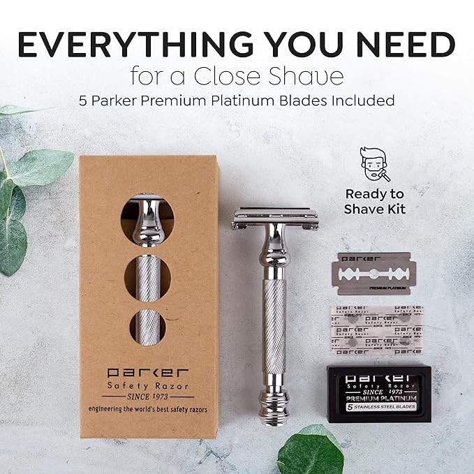 Parker 99R Chrome Long Handle Heavyweight Butterfly Open Double Edge Safety Razor for Men, 5 Parker Premium Platinum Double Edge Razor Blades Included