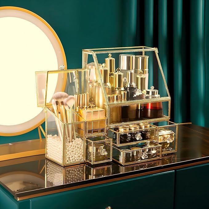 CONHENCI Large Glass Makeup Organizer Drawer Set Beauty Storage Bathroom Counter Organizer Cosmetic Display (11.5inx8.5inx5.5in)