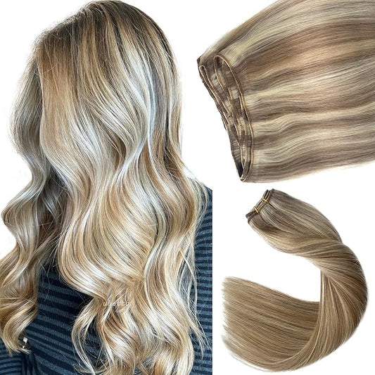 Brown Balayage Blonde Human Hair Extensions - 16 Inch Hand Tied Weft Sew in Weave Bundles - 100G Real Hair