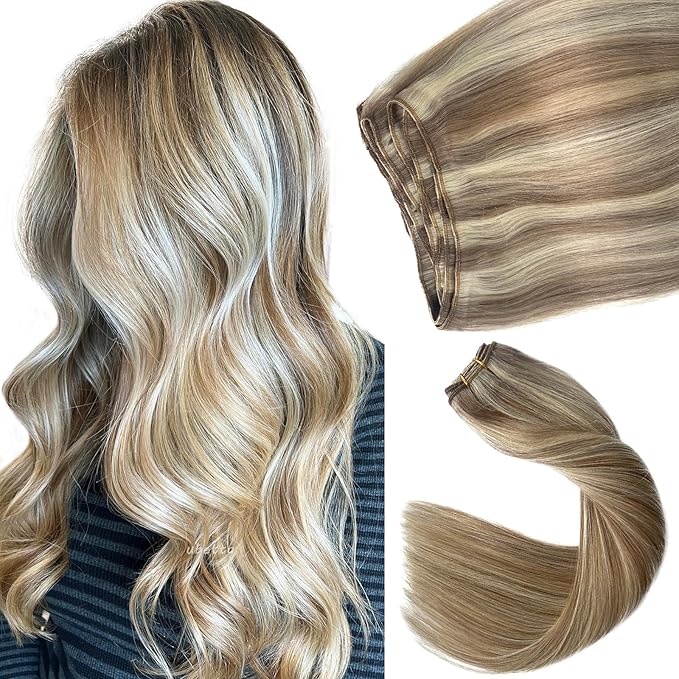 Sew in Hair Extensions Real Human Hair 24 Inch Weft Extensions Real Remy Hair Ash Brown Balayage Platinum Blonde Highlights Weft Full Head Straight Hair Weaves 120G Hair Weft Bundles Straight Hair