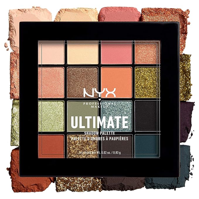 NYX Professional Makeup Ultimate Eye Shadow Palette, Pressed Pigments, Vegan Formula, 16 Shades, Matte, Satin, Metallic, Shade: Ultimate Utopia