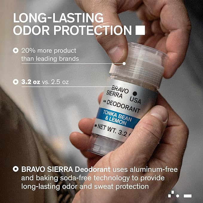 Aluminum-Free Deodorant for Men by Bravo Sierra, 1-Pack - Contains Natural Ingredients –Long Lasting All-Day Odor and Sweat Protection -Tonka Bean and Lemon, 3.2 oz -Paraben-Free, Vegan & Cruelty-Free
