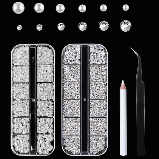 Gems Flat Back Pearls and Rhinestones for Nails,Crystals Nail Charms Diamonds for Acrylic Nails,Tiny Nail Pearls Beads for Nail Art,Small Eye Jewels Rhinestones Pearls,with Wax Pen And Tweezers(White)
