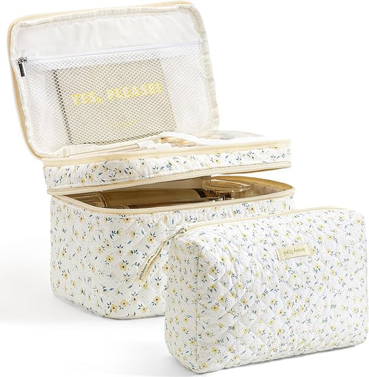 HBselect 2Pcs Travel Makeup Bag, Large Cotton Quilted Makeup Bag Cosmetic Bag Cute Make up Bag Toiletry Bags for Women Girls
