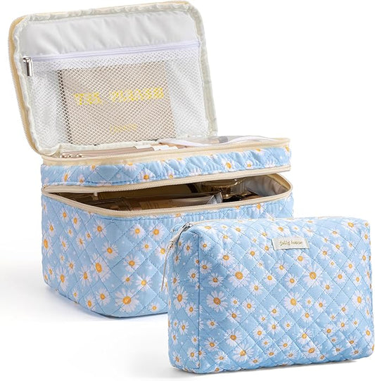 HBselect 2Pcs Travel Makeup Bag, Large Cotton Quilted Makeup Bag Cosmetic Bag Cute Make up Bag Toiletry Bags for Women Girls