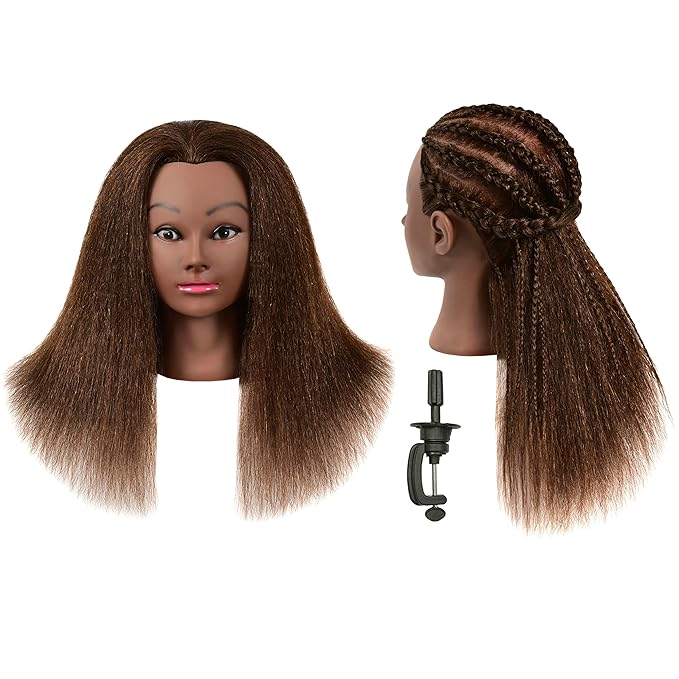 22 Inch 100% Real Human Hair Mannequin Head Manikin Cosmetology Doll Head with Stand for Braiding Styling Display Practice Training Coloring Bleaching Dyeing Curling Cutting Updos