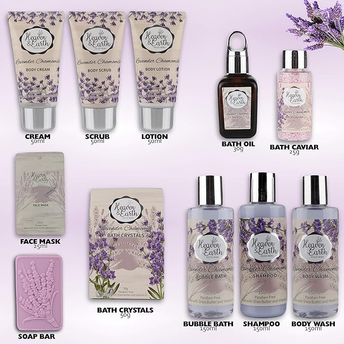 Valentines Gift Baskets for Women Spa Day! Natural Lavender Chamomile Spa Bath Sets for Women Gift Infused with Essential Oils. Sulfate Free Lavender Bath Set Spa Gift Set