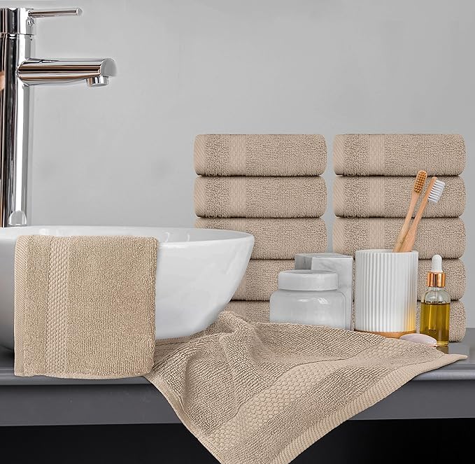 White Classic Luxury Washcloths for Bathroom-Hotel-Spa-Kitchen-Set - Circlet Egyptian Cotton - Highly Absorbent Hotel Quality Face Towels - Bulk Set of 12-13x13 Inch (Taupe)
