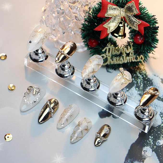 Almond Press on Nails Handmade Medium Long/Stiletto 3D Flower Fake Nail with Designs, Women Reusable False Nails (Metallic Golden, M)