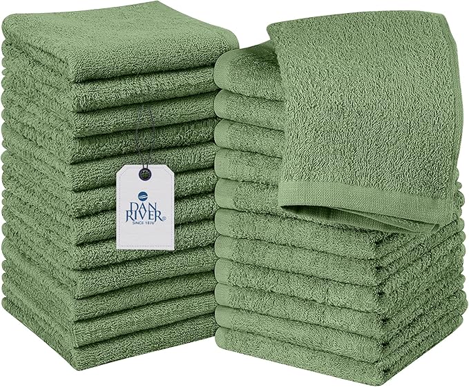 DAN RIVER 100% Cotton Washcloths 24 Pack Premium Quality Face and Body Cloth, Quick Dry Essential Towels for Bathroom, Hand, Kitchen & Cleaning, Baby Washcloths | 12X12 in | 400 GSM | Sage Green